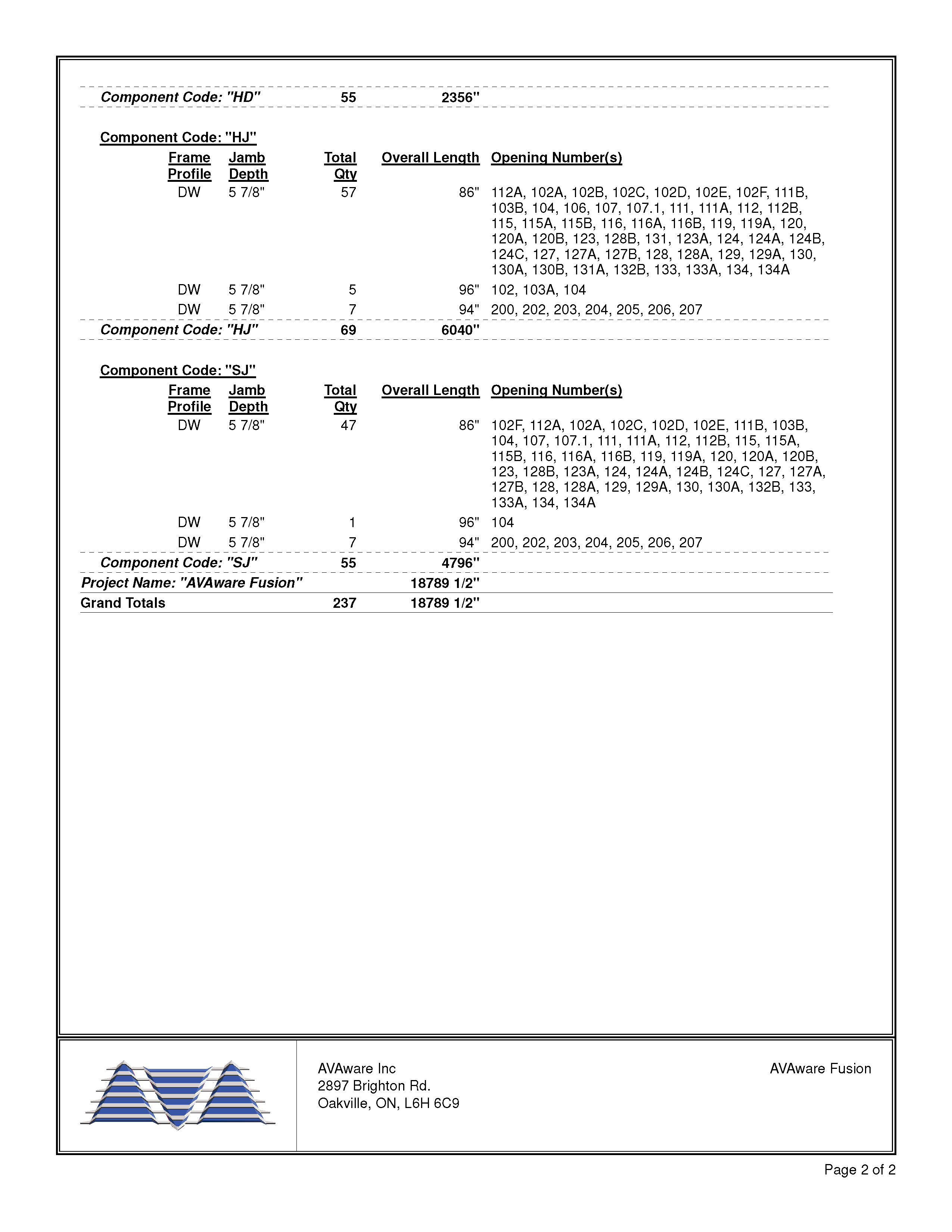 Frame Component Summary Page 2